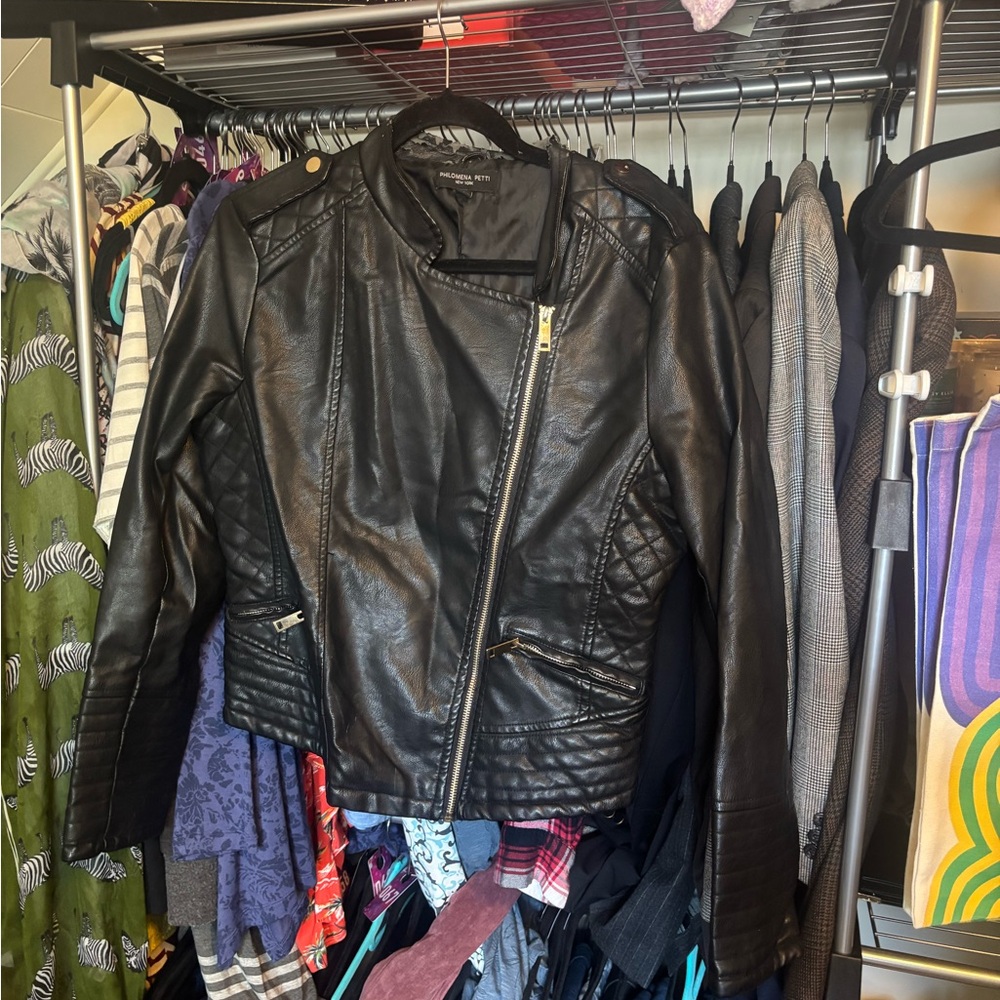 Black Faux Leather Biker Jacket with Asymmetrical Zipper - flaw neckline